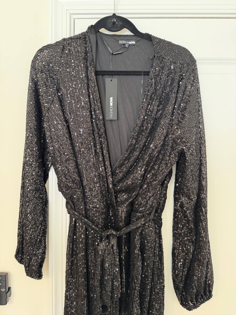 NWT Fashion Nova Black Sequin Plunge Dress with Front Slit - Picture 2 of 7